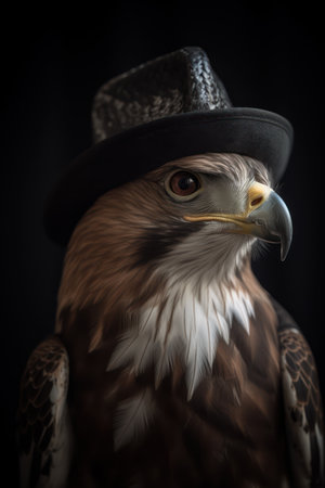 Vintage portrait of a beautiful eagle in a hat on a black backgroundの素材