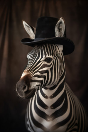 Zebra in a top hat on a dark background. Studio shot.の素材