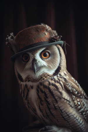 Owl in a hat on a dark background. Vintage style.の素材