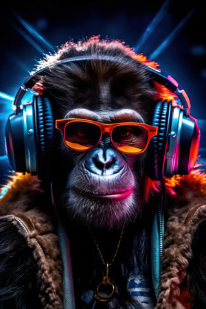 Portrait of a stylish chimpanzee wearing headphones and enjoying music.の素材