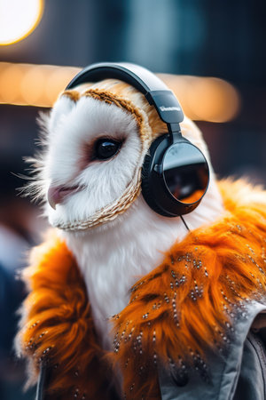 Beautiful white owl wearing headphones listening to music in the city.の素材