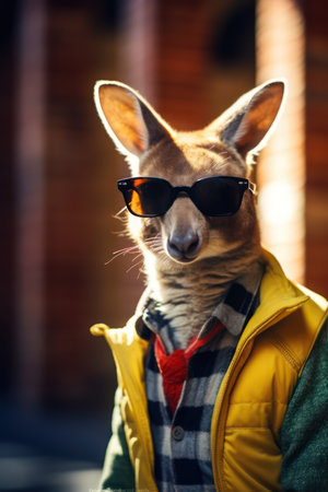 Portrait of a cute kangaroo wearing sunglasses and a jacketの素材