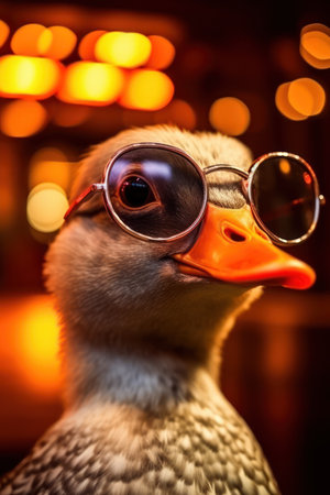 Portrait of a duck with sunglasses and bokeh background.の素材