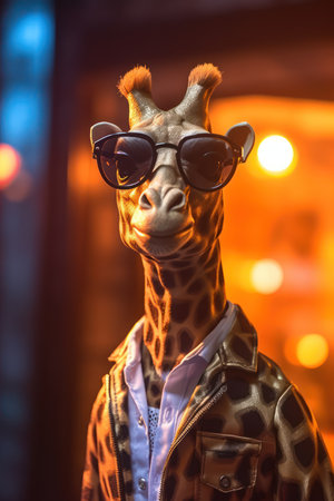 Portrait of a giraffe dressed in a coat and sunglasses.の素材