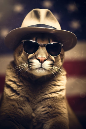 Portrait of a cat wearing a cowboy hat and sunglasses. American flag background.の素材