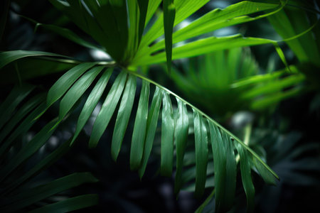 Tropical green palm leaves. Nature background. Dark tone.の素材