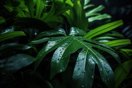 Tropical leaves with rain drops in the dark. Nature backgroundの素材
