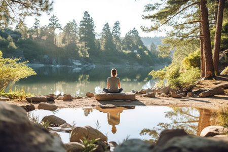 Young woman practicing yoga on a lake in the forest. Early morningの素材