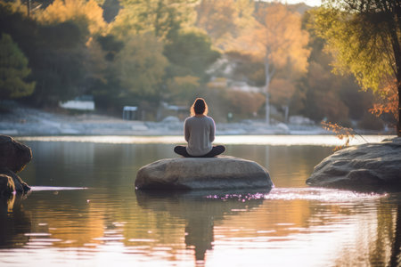 Young woman meditating on a rock in a lake at sunset.の素材