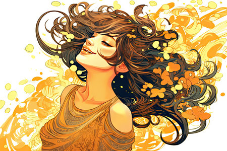 Vector illustration of beautiful young woman with flowing hair and floral background.の素材