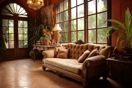 Interior of a living room with a vintage sofa and a windowの素材