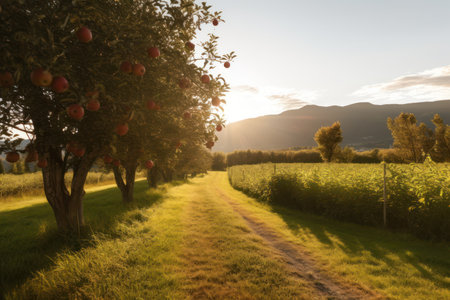Rural landscape with apple trees and road at sunset, Switzerland.の素材