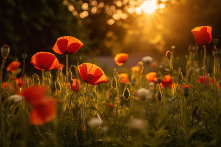 poppies in a field at sunset, shallow depth of fieldの素材