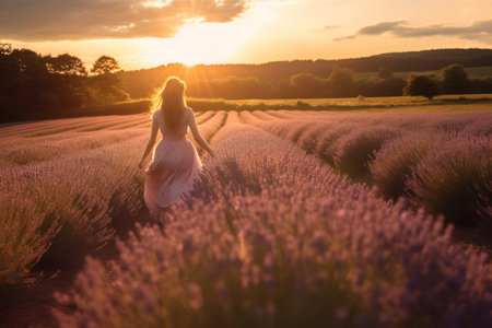 Beautiful young woman in white dress on lavender field at sunsetの素材