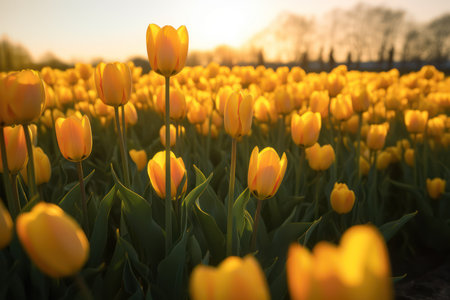 Yellow tulips in the field at sunset. Beautiful spring landscape.の素材