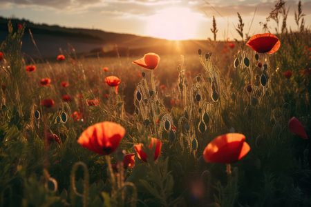 poppies field at sunset. beautiful nature scene with red poppiesの素材