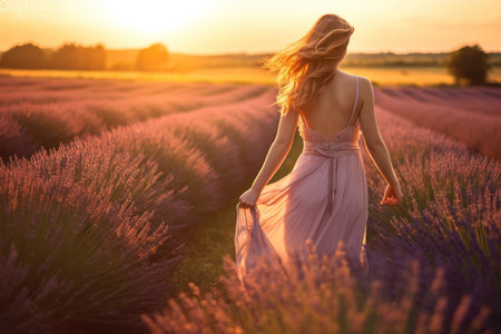 Young beautiful woman in the lavender field at sunset. Girl with long hair and perfect makeup.の素材