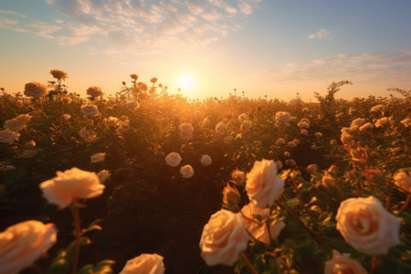 Sunset over the field of white roses in the summer season.の素材