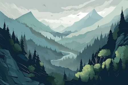 Landscape with mountains and forest. Vector illustration for your design.の素材