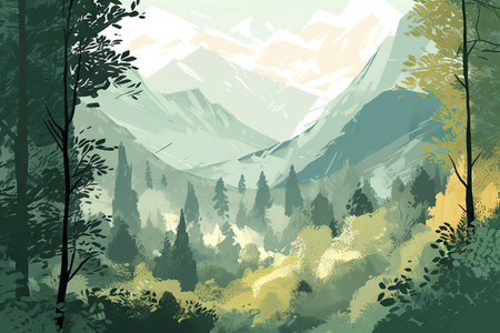 Beautiful landscape with mountains, forest and trees. Vector illustration.の素材