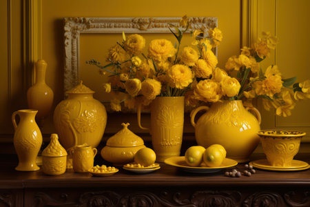 Still life with beautiful yellow flowers in vases on a wooden tableの素材