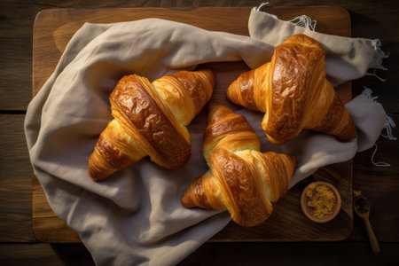 Freshly baked croissants on a wooden background. Toned.の素材
