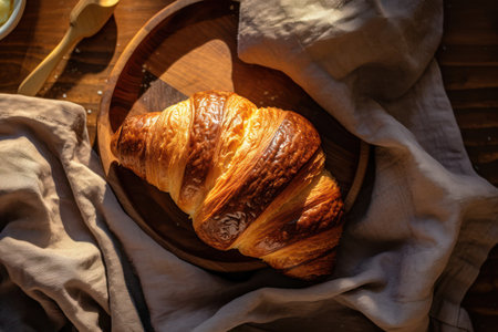 Fresh croissant on a wooden table in rustic style.の素材