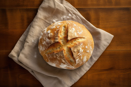 Freshly baked bread on a wooden table. Top view. Copy space.の素材