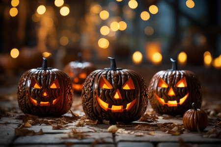 Halloween pumpkins on wooden background. Jack o lanterns with scary faces.の素材