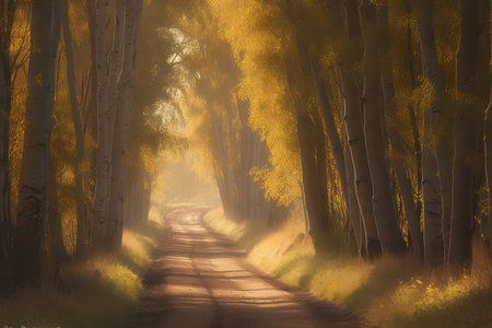 Autumnal road in the forest with sunbeams through the treesの素材