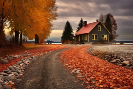 Autumn landscape with a small house in the middle of the roadの素材