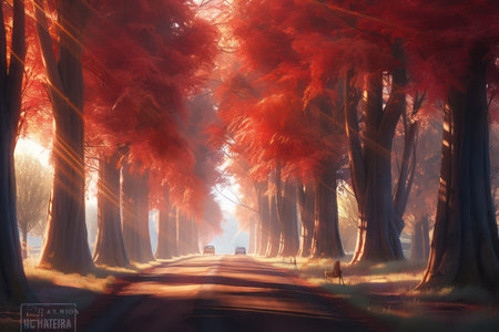 Autumn road in the forest with red trees. Digital painting.の素材