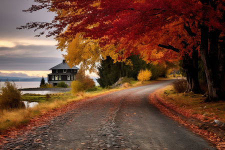 Autumn landscape with a house in the middle of the road.の素材
