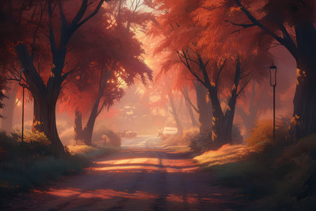 Autumn road in the forest with fog and trees. Digital painting.の素材