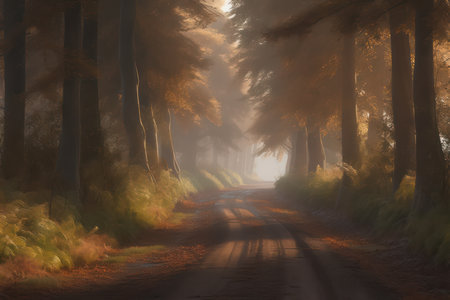 Forest road in the morning mist. 3d rendering. Computer digital drawing.の素材