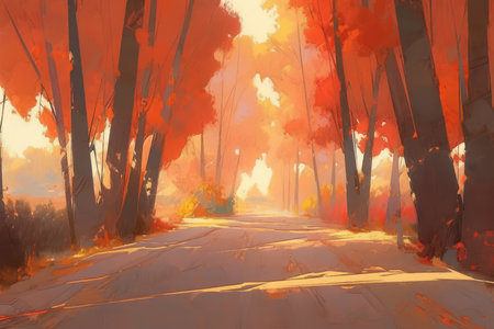 Digital painting of a forest road through the trees at sunset in autumnの素材