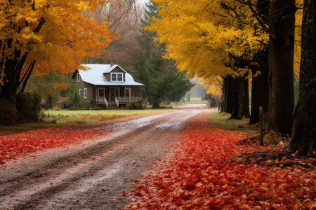 Autumn landscape with country house in the middle of a country roadの素材