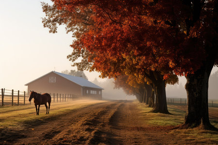 Horse in the field at sunrise with a barn in the backgroundの素材