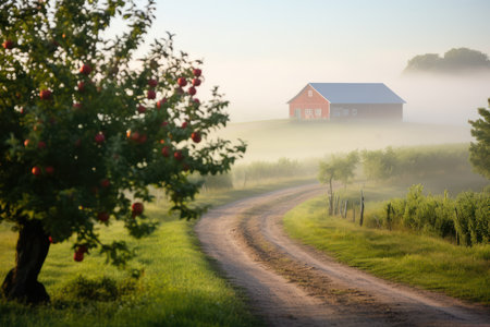 Foggy morning in the countryside with a red barn and apple treesの素材