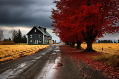 Autumn Landscape with Farm House and Red Autumn Tree on a Country Roadの素材
