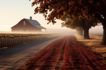 Country road in the morning fog with old farmhouse and oak treesの素材
