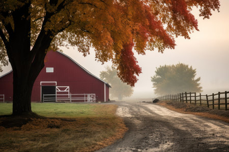 Autumn landscape with a red barn and fence in the fog.の素材