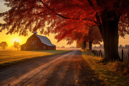 American Country Road Through Autumn Foliage with Red Barn at Sunsetの素材
