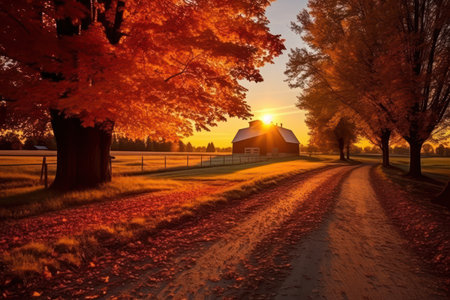 Country road through autumnal fields with colorful trees and farm house.の素材