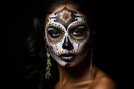 Portrait of beautiful woman with sugar skull makeup on black background.の素材