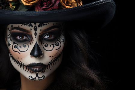 Beautiful young woman with sugar skull makeup and hat over black backgroundの素材