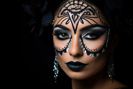 Close-up portrait of beautiful young woman with sugar skull make-up on black backgroundの素材