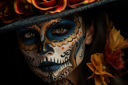 Close-up portrait of a beautiful woman with sugar skull makeup.の素材