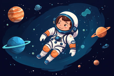 Cute little boy in space suit flying in the outer space illustrationの素材