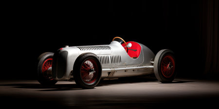 A vintage race car in a dark room with light coming through the windowの素材